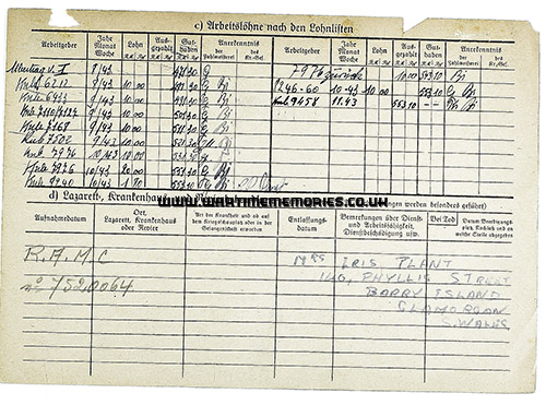 Charles Plant POW work record, side 2